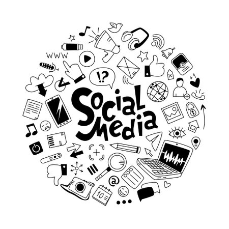 Vector doodles on the theme of social networks. Linear illustrations with inscription social mediaのイラスト素材
