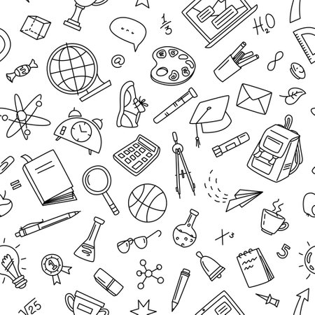 Education doodle objects, seamless pattern. Hand drawn background with school supplies and creative elements. Back to school. Vector illustration.のイラスト素材