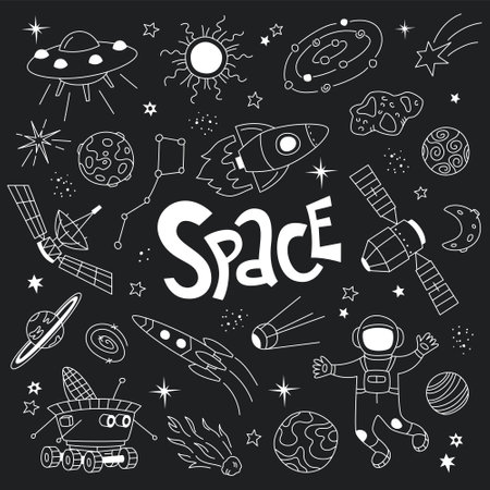 Hand drawn set of space objects with satellite, stars, meteorites, planets, lunar rover and astronaut on black background. Vector collection of doodles.のイラスト素材