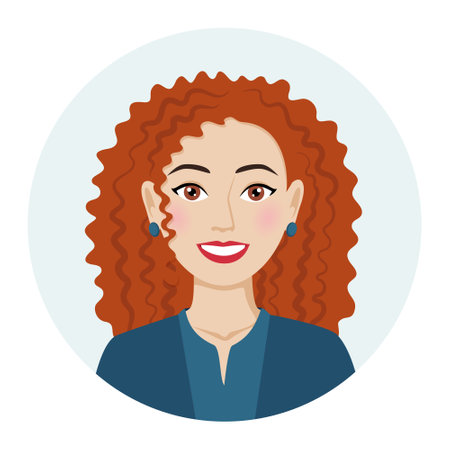 Female avatar, portrait of a business woman with curly hair. Vector illustration of a female character in a modern color styleのイラスト素材