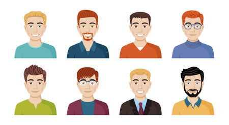 A set of avatars of happy people of different appearance, hairstyles. Portraits of men. Vector illustration in cartoon styleのイラスト素材