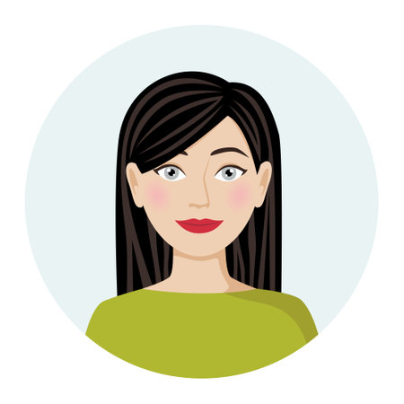 Female avatar, portrait of brunette woman with long straight hair. Vector illustration of a female character in a modern color styleのイラスト素材