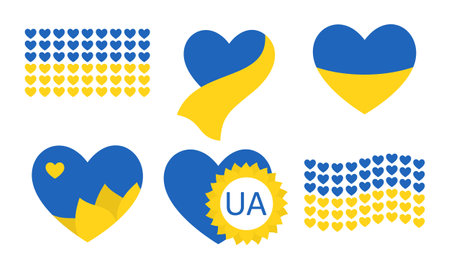 Set of signs in the color of the flag of Ukraine, hearts, sunflower. Icons of Ukrainian symbols. Vector flat illustration of stickersのイラスト素材