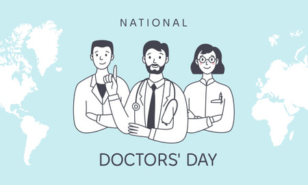 National Doctors Day banner. Friendly male and female medics against the backdrop of a world map. Medicine concept. Simple vector doodle illustrationのイラスト素材
