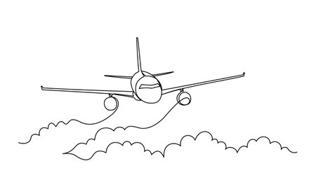 A continuous line of an airplane flies above the clouds. Line art. Black simple line on a white background. Vector linear illustrationのイラスト素材