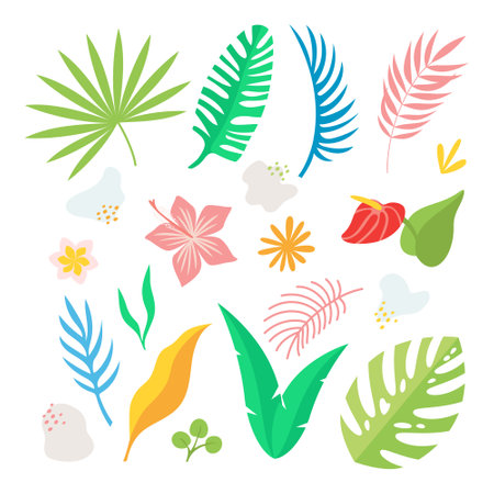 Vector set of tropical plants, leaves, flowers and miscellaneous elements. Flat style isolated illustrationのイラスト素材