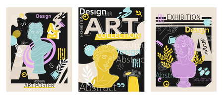 Modern art art poster set, art exhibition, classical sculpture. For exhibition, culture, music and design. Vector illustrationのイラスト素材
