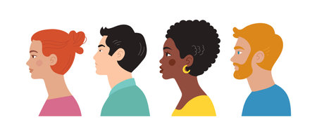 Diversity set of international heads, busts of men and women. Asian, black, European. Vector flat illustrationのイラスト素材
