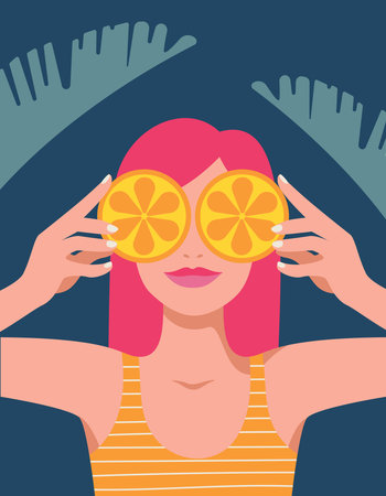 Summer vibe. Woman with fresh orange slices. Vector illustration in minimalistic style for posters, covers, flyers, bannersのイラスト素材