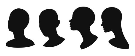 Set of silhouettes of female heads, busts in black to showcase jewellery, cosmetics and more. No hair. Vector simple illustration isolated on whiteのイラスト素材