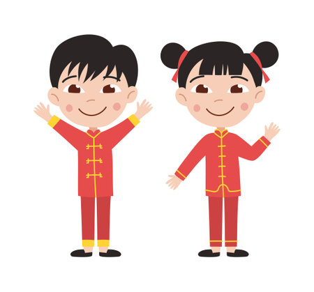 Chinese children. Happy boy and girl in national clothes. Vector flat cartoon illustrationのイラスト素材