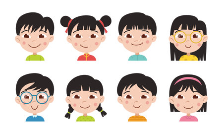 Avatars of Chinese children. Happy boy and girl. Head, portrait. Vector flat cartoon illustration isolatedのイラスト素材