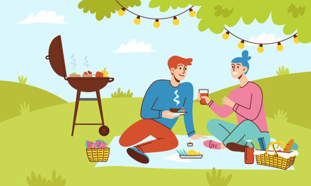 Happy young couple, man and woman having a picnic in the park outdoors. Picnic. Picnic basket, grill, meat. Flat linear illustrationのイラスト素材