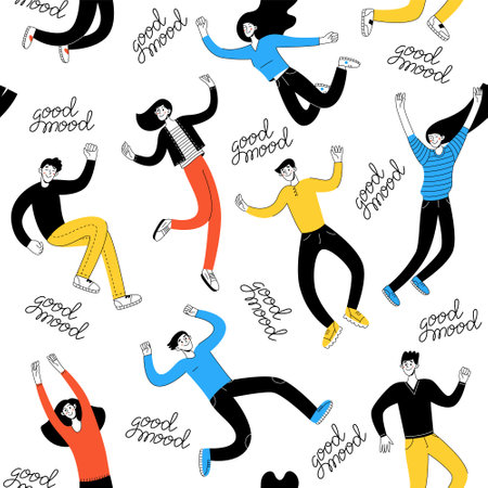 Good mood pattern. Happy people jump in the air. Vector flat linear doodle illustrationのイラスト素材