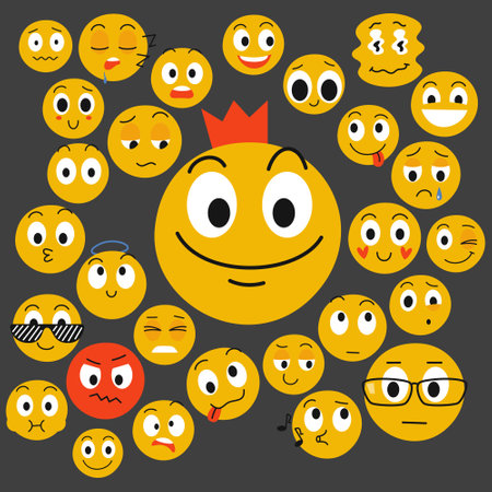The emoji king and a group of cute emoji characters. Vector flat illustration on a gray background.のイラスト素材
