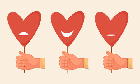 A hand holds a heart on a stick with different expressions of emotions. Good, bad, normal mood. Vector flat illustration.のイラスト素材