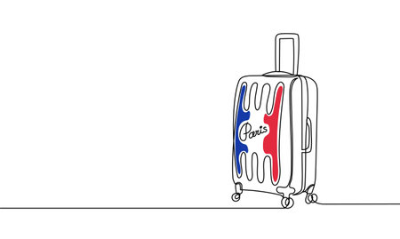 Travel destinations Paris. Vector continuous line, suitcase, baggy. Journey concept. Tourism, vacation. Banner in the colors of the French flagのイラスト素材