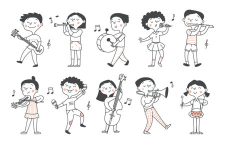 Isolated set of cute children playing different musical instruments. Sheet music, music. Kids design. Vector doodle illustrationのイラスト素材