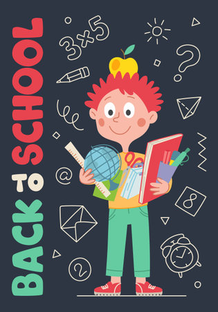 Back to School Cover Poster. Cute children's illustration with schoolbook, textbooks, numbers. Text, inscription. Vector cartoon illustrationのイラスト素材