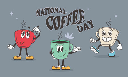 National Coffee Day vintage banner. Groovy coffee cup characters. Funny vintage hot drink mascots. Vector cartoon retro illustrationのイラスト素材