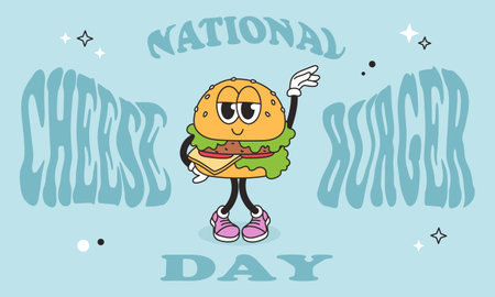 National Cheeseburger Day vintage banner. Groovy burger character and lettering. Funny vintage mascot food. Vector cartoon retro illustrationのイラスト素材