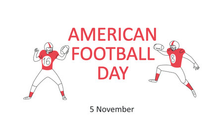 American Football Day, November 5 banner. American football players with football ball. Sports. Text. Vector doodle linear hand drawn illustrationのイラスト素材