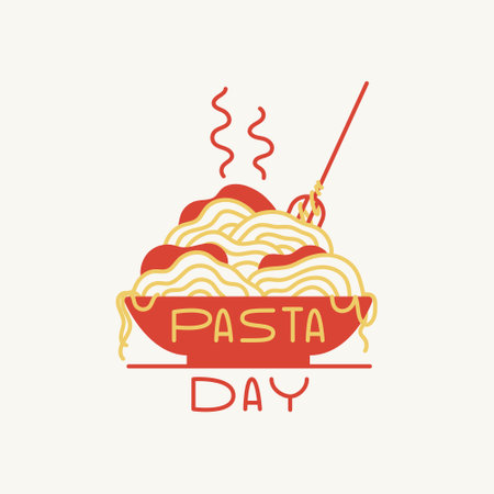 World Pasta Day banner concept. Lettering. Bowl of spaghetti with fork. Vector flat linear illustrationのイラスト素材