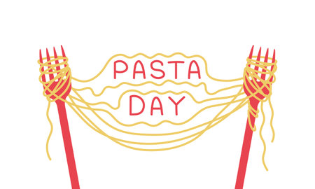 World Pasta Day banner. Two forks with spaghetti and lettering. Vector flat illustrationのイラスト素材