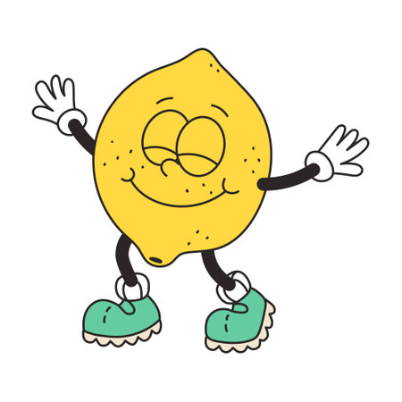 Retro groovy lemon character. Funny vintage mascot vector element. Food, berry. Cartoon vector illustrationのイラスト素材