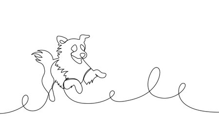 Banner continuous one line drawing dog jump. Happy pet running. Hand drawn vector illustration, abstract silhouette, outline, line artのイラスト素材