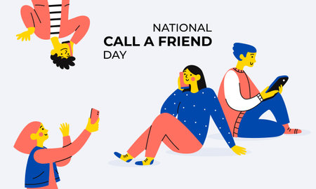 National Call a Friend Day banner. People communicate with each other using smartphone and gadgets. Men and women. Friends. Call. Vector flat line illustrationのイラスト素材