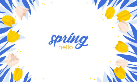 Spring botanical flowers banner. Background with yellow and white tulips and leaves. Hand drawn vector illustration for postcard, greeting card, invitation decorationのイラスト素材