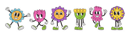 Botanical set of retro groovy characters. Funny vintage mascot flower. Vector trendy isolated doodle illustrationのイラスト素材