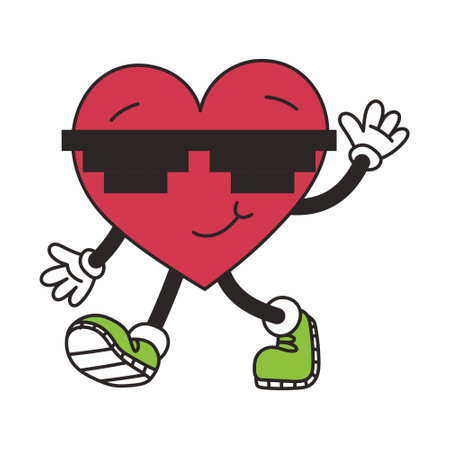 Groovy lovely heart. Cheerful happy heart character in pixel sunglasses in trendy retro style. Vector illustrationのイラスト素材