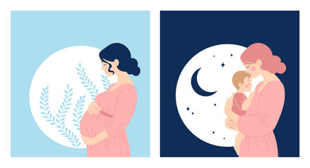 Maternity and pregnancy postcard templates with space for text. Pregnant woman holding her belly. Mom hugging baby. Happy Mothers Day. Vector illustrationのイラスト素材