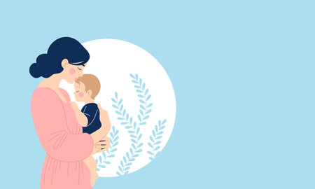 Horizontal banner about motherhood with space for text. Mom hugs baby. Happy Mothers Day. Vector flat illustrationのイラスト素材