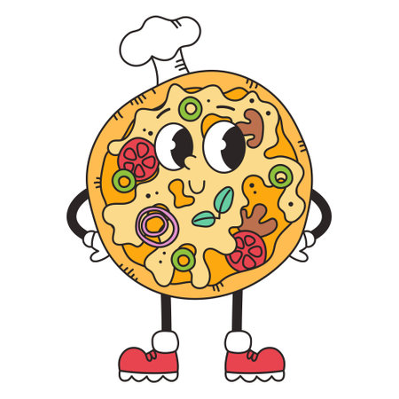Groovy retro character pizza. Junk food, fast food. Vector isolated illustrationのイラスト素材