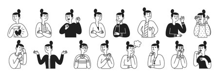 Big collection of drawings of facial expressions of women, people. Happy person, sad, shocked, scared, laughing etc. Outline, hand drawn sketchのイラスト素材