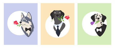 Set of greeting card templates with dog heads and flowers. Vector flat line illustrationのイラスト素材