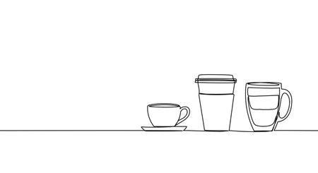 Coffee cup, paper cup and latte cup. Continuous one line drawing. Vector illustration bannerのイラスト素材