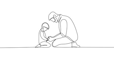 Continuous line banner, prayer. Man and child praying together on their knees. Christian concept. Vector illustration drawingのイラスト素材