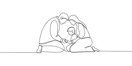 Continuous line banner, prayer. Family, man, woman and child praying together on their knees. Christian concept. Vector illustration drawingのイラスト素材