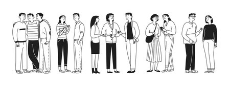 Doodle set of small, diverse groups of people communicating. Relationships, conversation, friendship. Vector linear illustration.のイラスト素材