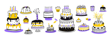 Doodle set of various sweets, cakes, and pastries. Delicious dessert. Food. Vector color line...