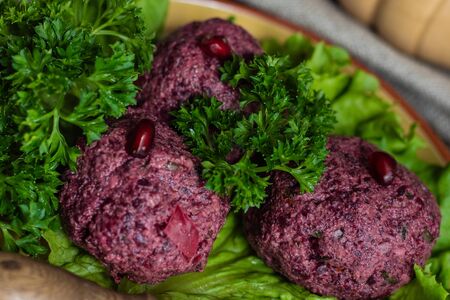 traditional georgian dish, pkhali (phali) on stone background with copy space