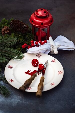 Christmas table setting concept in dark tones with red berries and fir treeの写真素材