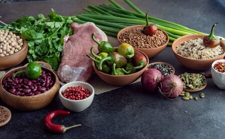 Keto diet concept with ingredients on stone backgroundの写真素材