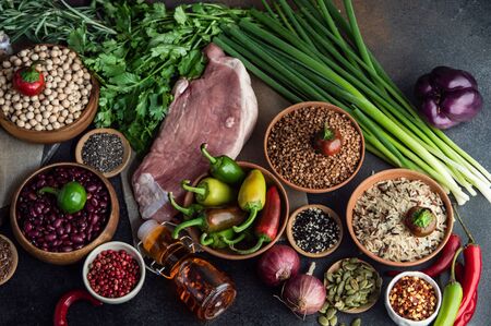 Keto diet concept with ingredients on stone backgroundの写真素材
