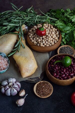 Keto diet concept with ingredients on stone backgroundの写真素材