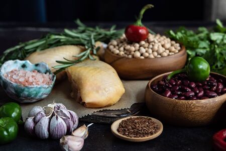Keto diet concept with ingredients on stone backgroundの写真素材